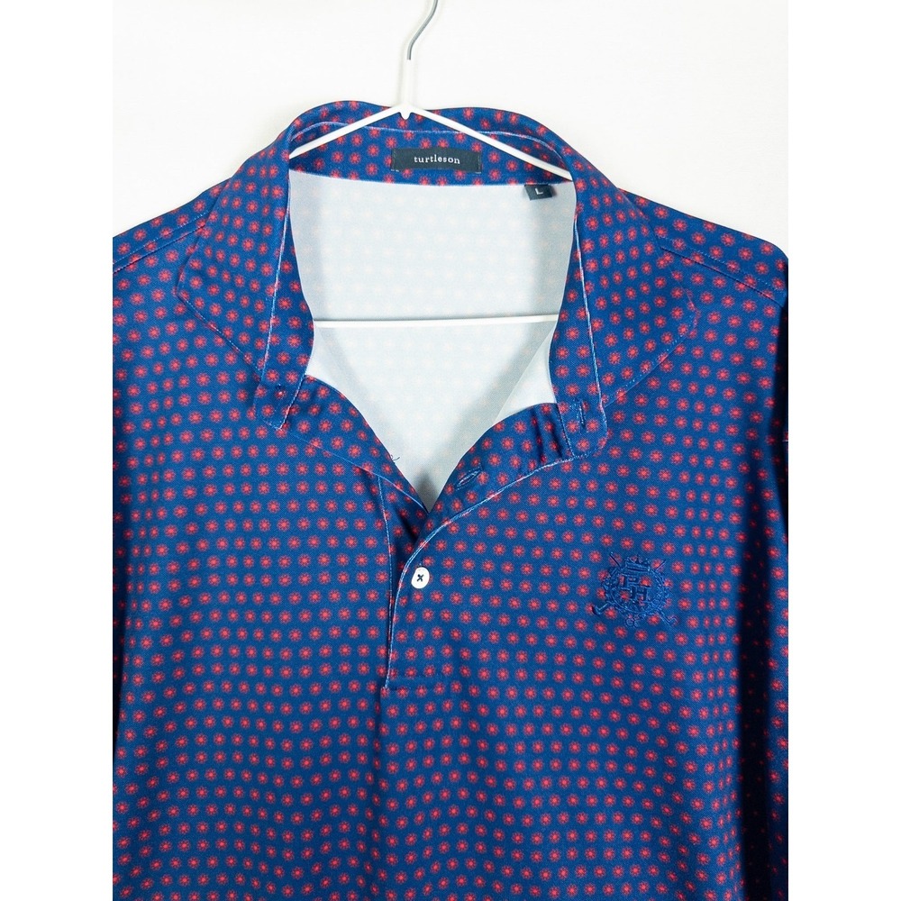 Turtleson Mens L Blue Red Geometric Print Short Sleeve Golf Polo Shirt Crest
